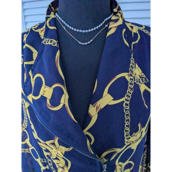 Feratelli Tunic Top Womens S Flowy Navy Status Print Sheer Moto Zip RollTab Glam - Picture 2 of 13